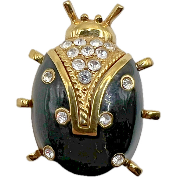 Signed SJ St John Vintage Designer Ladybug BEETLE BROOCH Bug Crystal Rhinestone - Picture 1 of 9